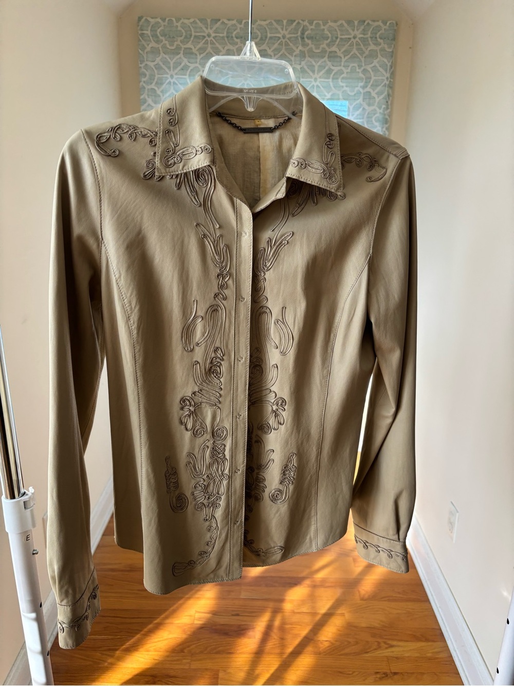 Elie Tahari Taupe Embroidered Leather Shirt Jacket
